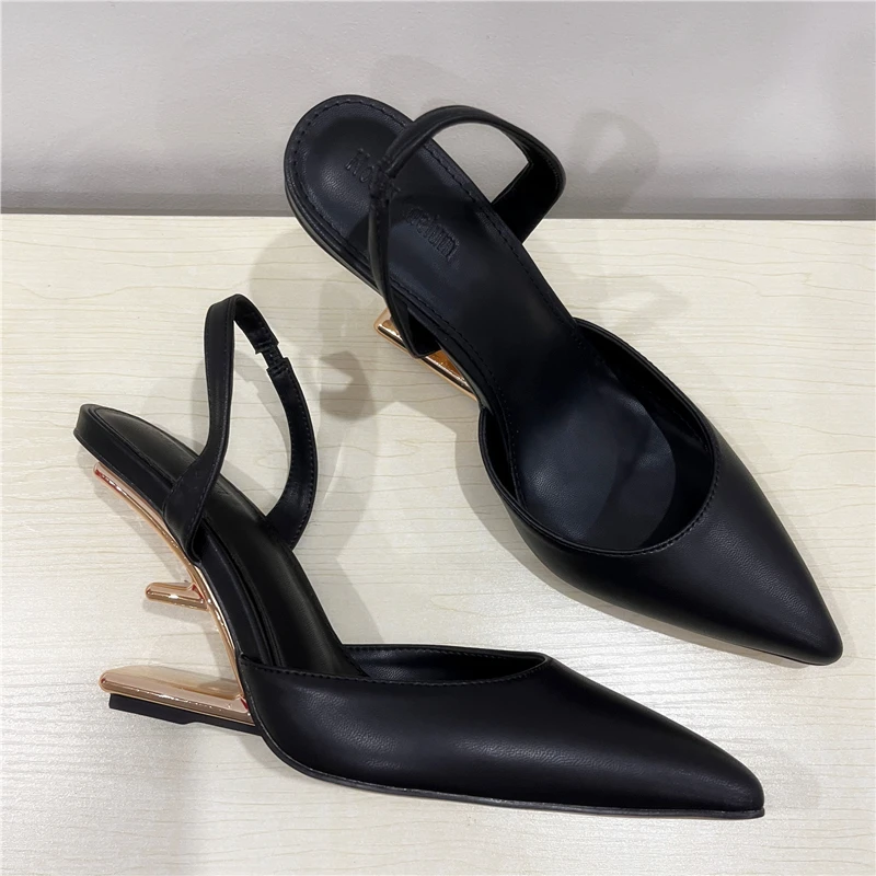 Black Women Pumps Pointed Toe High Heels Letter Strange Heel Slingback Dress Shoes 2023 New Gladiator Sandals Female Wedges