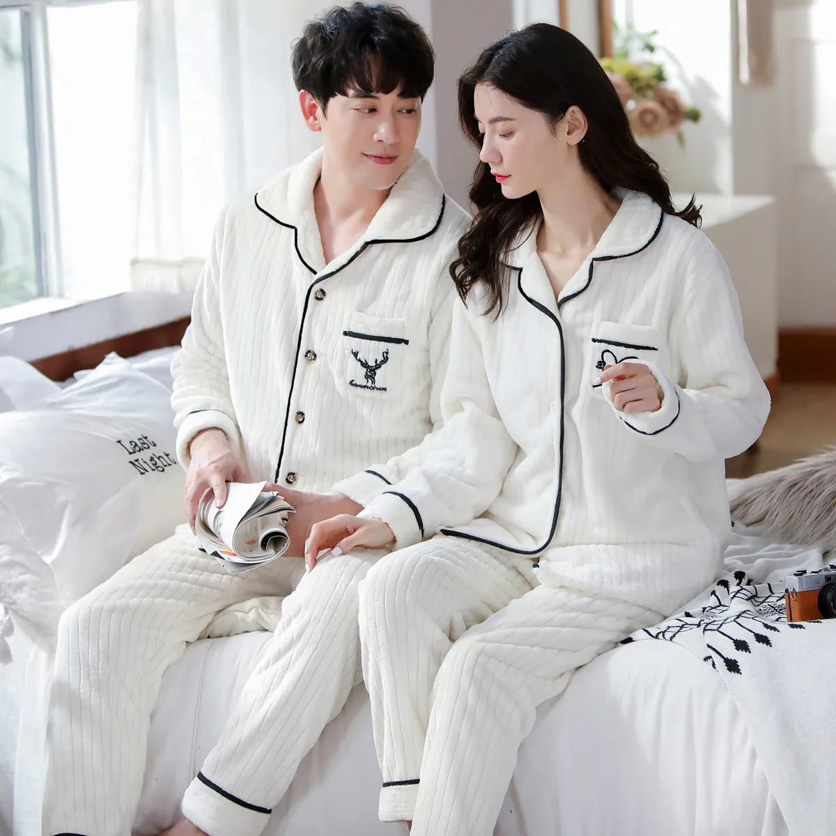 New Couple Pajamas Set Autumn Winter Soft Thicken Flannel White Pajamas Women Men Pyjamas Long Sleeve Sleepwear Lovers Pijama