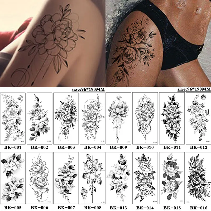 

Fashion Tattoos Sticker Waterproof Temporary Long Lasting Arm Legs Body Art Waterproof Sketch Sexy Flower Black Rose Stickers