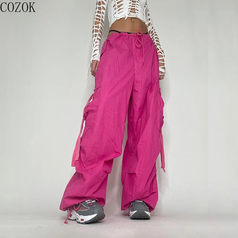Cozok Street Hip-Hop Fan Multi-Pocket Loose Pink Workwear Woven Pants Exercise Casual Pants Tide Streetwear Women