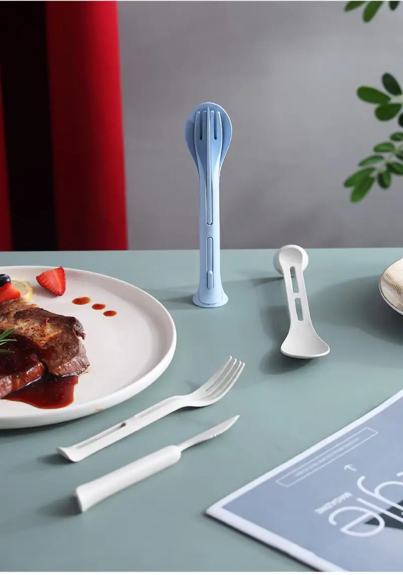 

3Pcs 3 In 1 Integrated Knife Fork Spoon Travel Portable Cutlery Set Eco-Friendly Wheat Straw Dinnerware Sets Kitchen Tableware