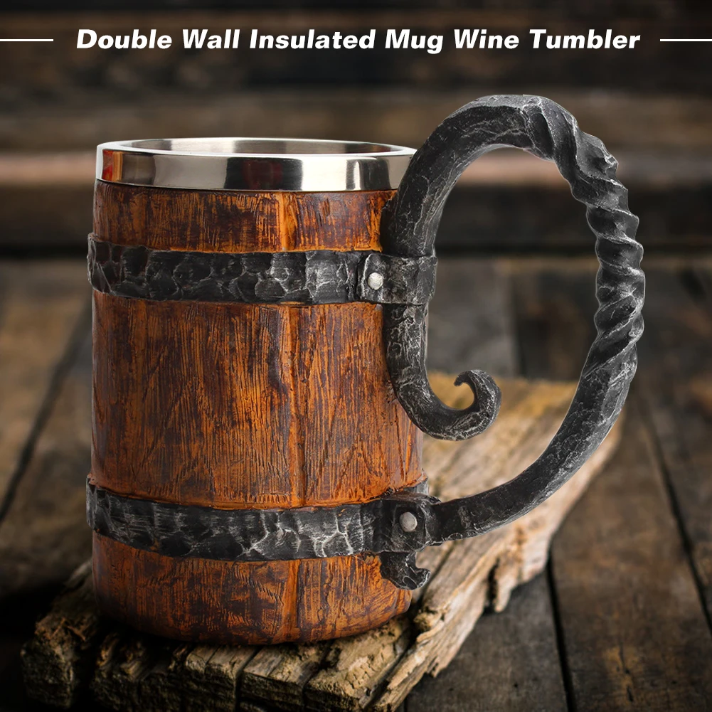 

500ml Simulation Crude Wood Beer Mug Double Wall Insulated Cup Wine Tumbler Resin Stainless Steel Liner Creative Drinking Cup