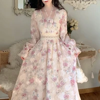 fashion womens square neck long sleeve dress party birthday wedding dress chiffon maxi dress printing embroidery hollow out new