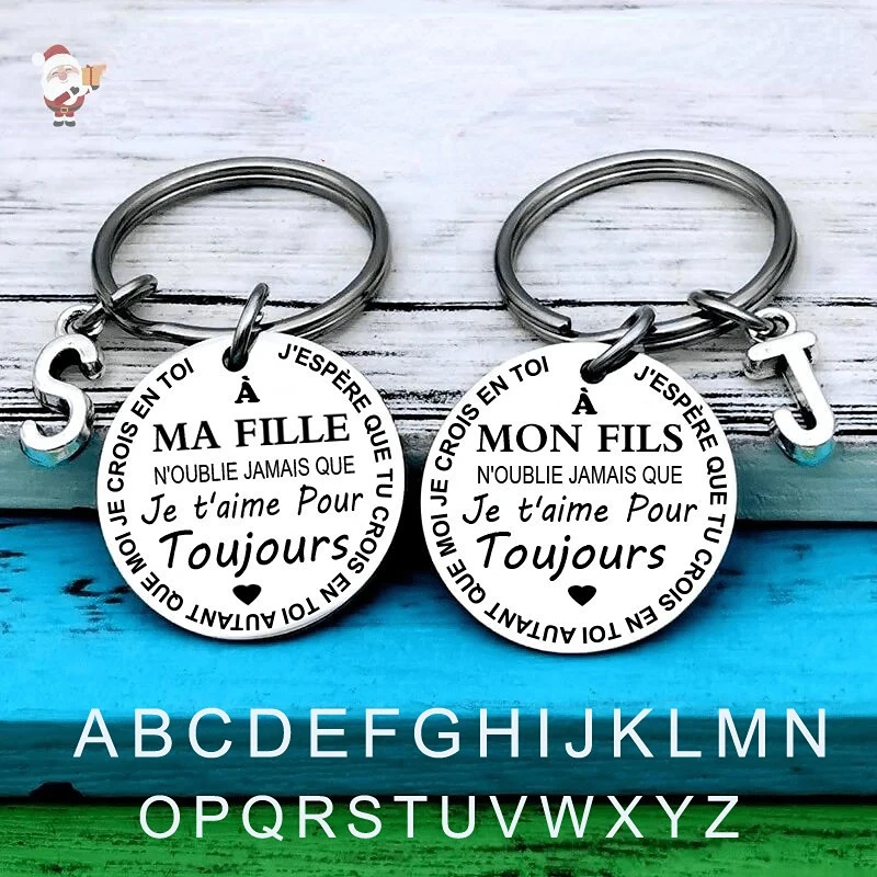 

French Spanish English Son Daughter Keychain Keyring 26 Letters Stainless Steel Jewelry Accessories Children Kid Gift