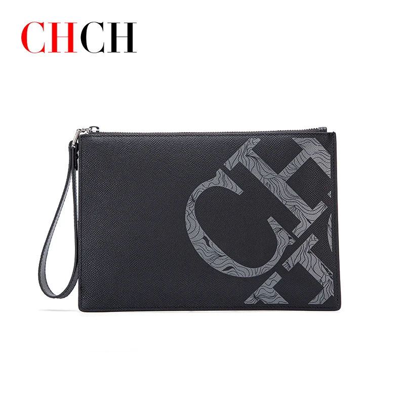 CHCH Men Clutch Bag Cow leather Luxury Long Purse Wristlets Zipper Business Wallet Coin Card Holder Phone Printed Wallet