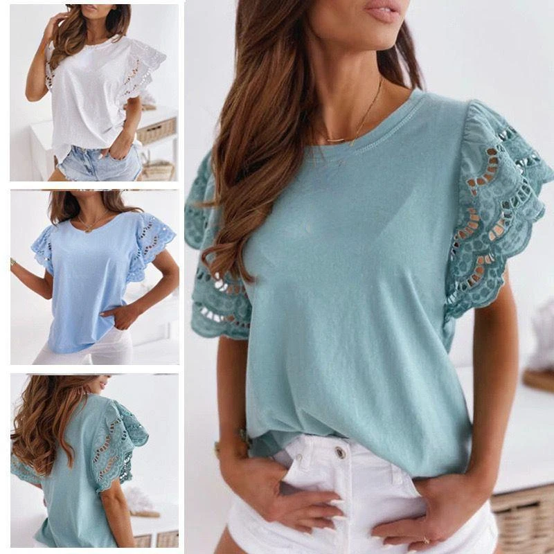 

2023 Spring and Summer New Women's Stitching Short-sleeved Round Neck Lace T-shirt Female & Lady Clothing