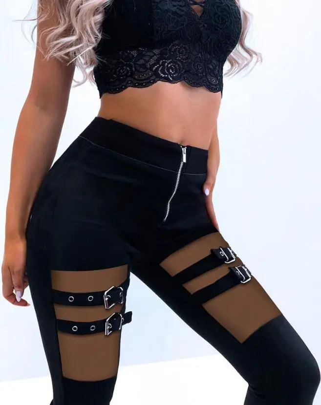 

Women's Night Out Skinny Trousers Fashion Eyelet Buckled Semi-Sheer Sheer Mesh Patchwork Zipper Design Pants for Summer Woman