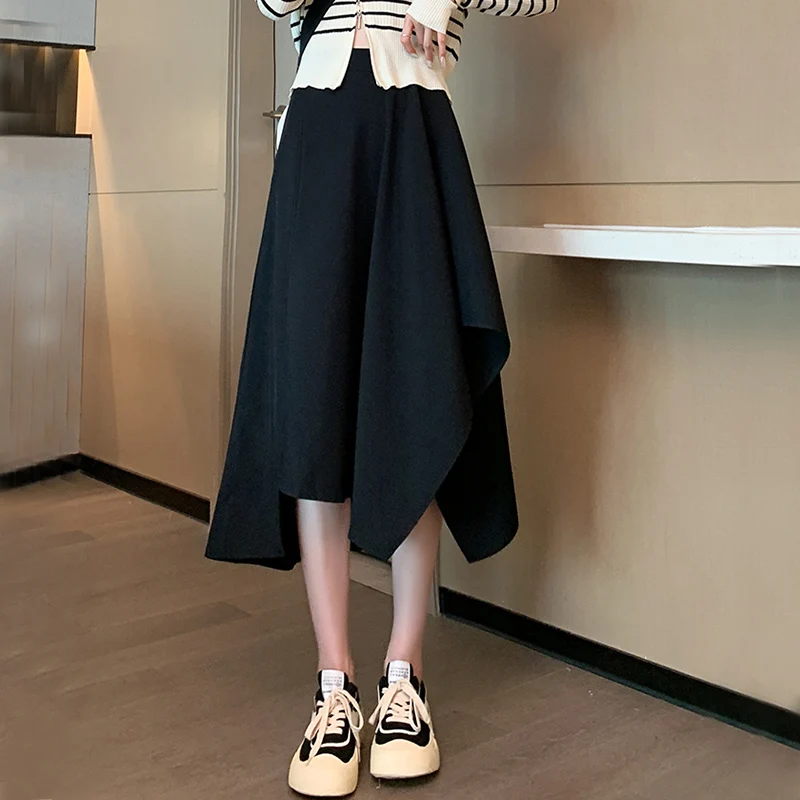 

Vintage High Waist Women Skirts Spring A Line Irregular Female Midi Skirts Korean Casual Solid Black Pleated Skirts New