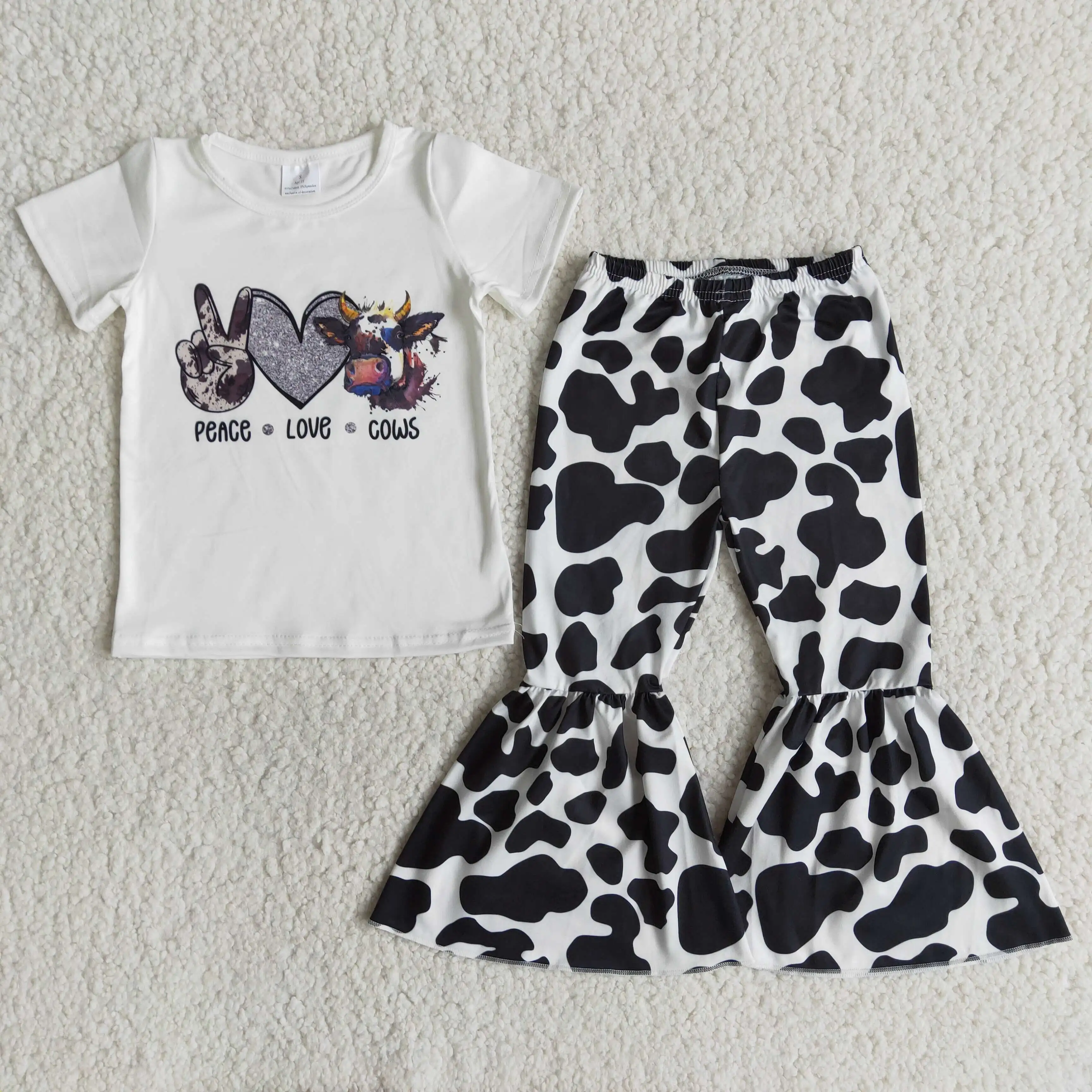 

children's boutique clothes short sleeve love cattle pattern cow print bell-bottoms kids clothing girls wholesale