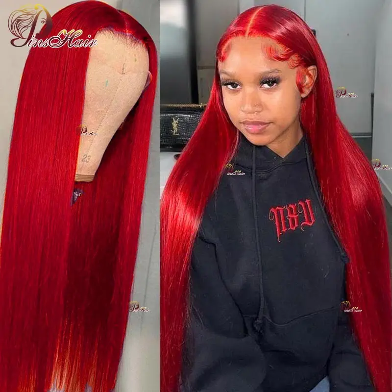 Hot Red Straight 13x4/13x1 Lace Front Wig Brazilian Red 99J Lace Frontal Human Hair Wig For Women Remy Transparent Lace Wig 180