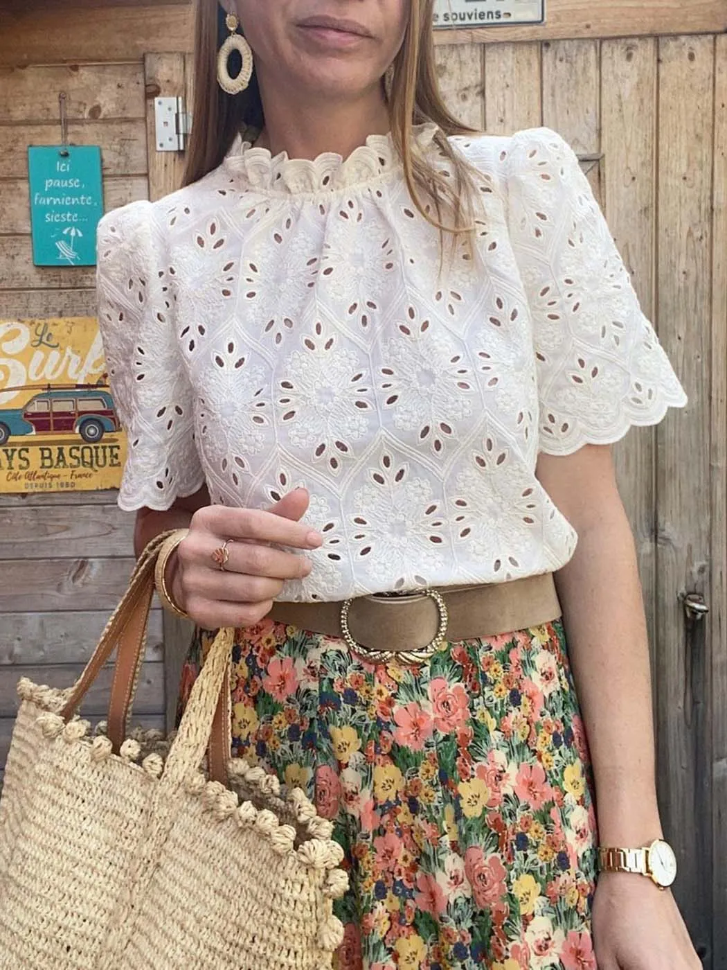 

Elegant Floral Embroidery Blouses Ruffle Stand Collar French Style Shirt Lady Short Sleeve Solid Tops Summer Roupas Femininas