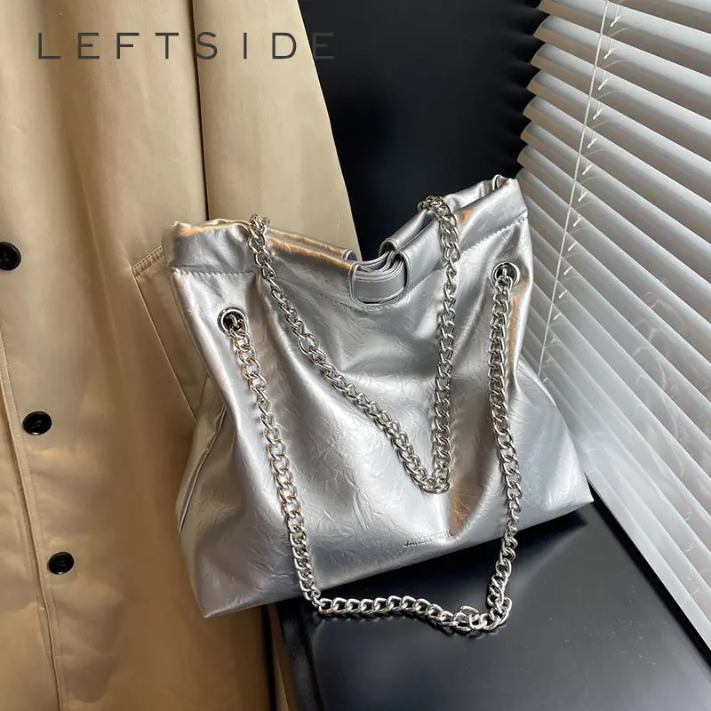 

LEFTSIDE Silver Chian Leather Shoulder Side Bags for Women 2023 Trend Korean Fashion Y2k Vintage Soft Handbags Lady Hand Bag