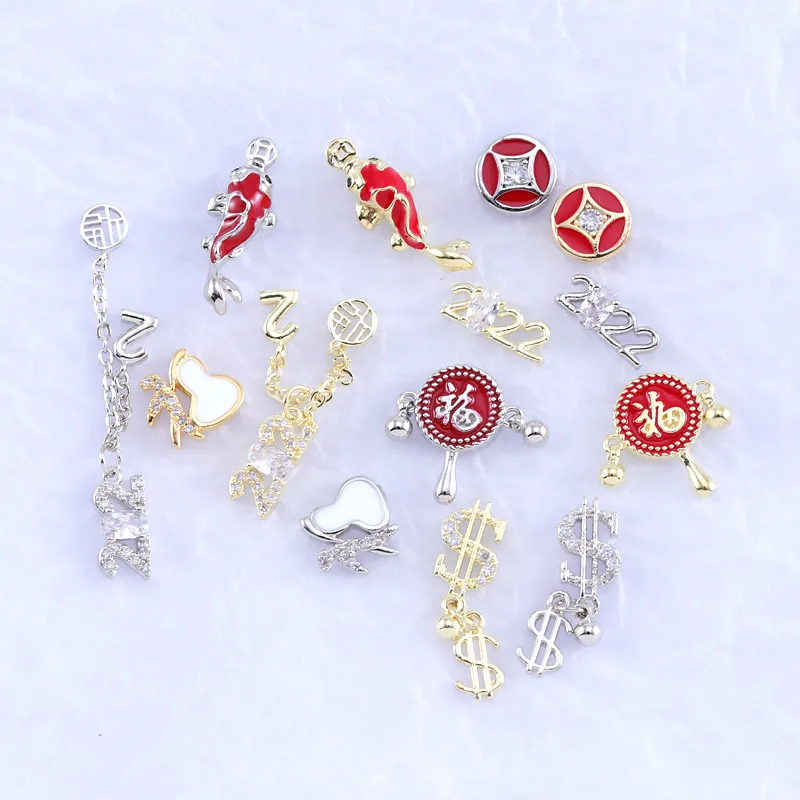 

New Year Nail Beauty Zircon Ornament 2022 Goldfish Lucky Coin Pendant Luxury Chain Red Blessing Character Nail Crystal
