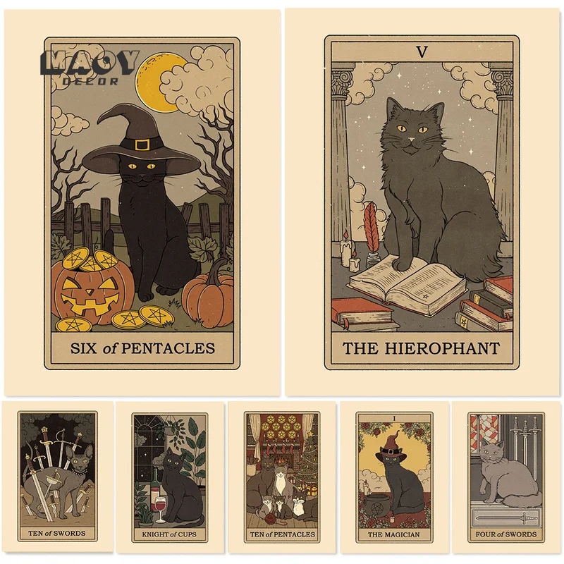 

Vintage Tarot Cat Kraft Paper Posters Wall Art Pictures Prints Abstract Sun Star Empress Cat Poster Paintings Decoration bedroom