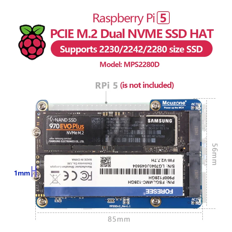 MPS2280D Raspberry Pi 5 PCIE M.2 Dual NVME SSD HAT с поддержкой твердотельного накопителя 2280/2242/2230