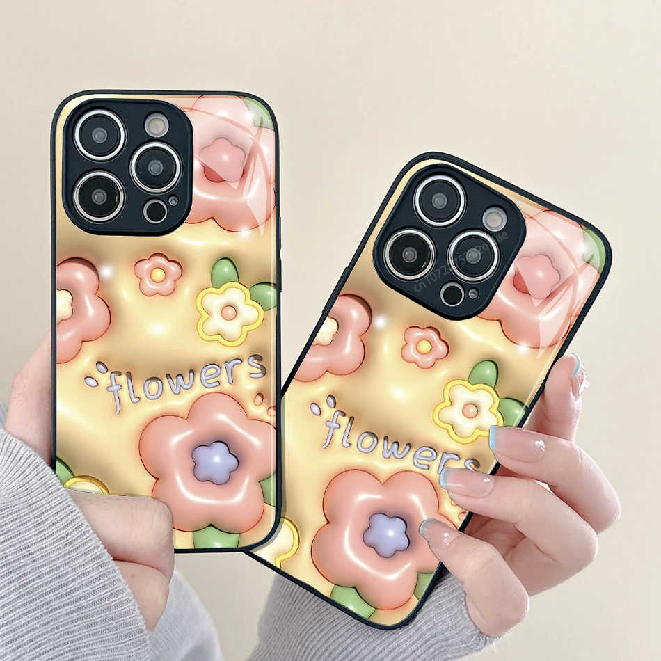 

Multiple Bulging Flowers Glass Phone Case For iPhone 14 13 12 11 Pro Max Mini XS Max X XR 7 8 Plus Se2 SE3 Protection Back Cover
