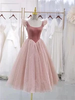 elegant vintage cocktail dress party prom birthday scoop neck short sleeve tea length tulle with pleats robes de cocktail