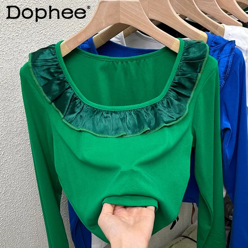 

2022 Spring Woman T Shirts Long Sleeve Top Square Collar Tee Female Inner Wear Skinny