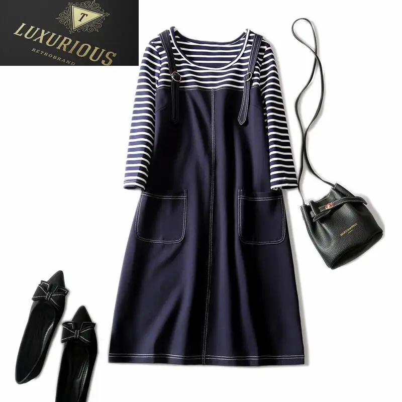 

Dresses 2024 New Fashion Striped Stitching Fake Two Piece Big Pockets Temperament Office Dress Women Autumn And Winter