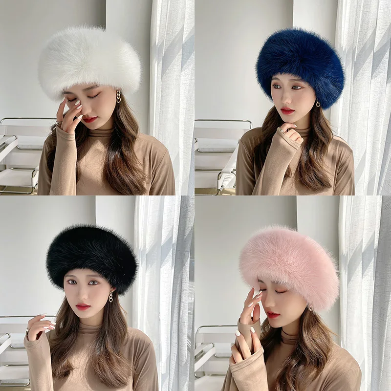 

Winter Faux Fox Fur Hat Women Warm Soft Fluffy Fur Female Cap Thick Russian Headband Bomber Hats Headdress Ski Accessories