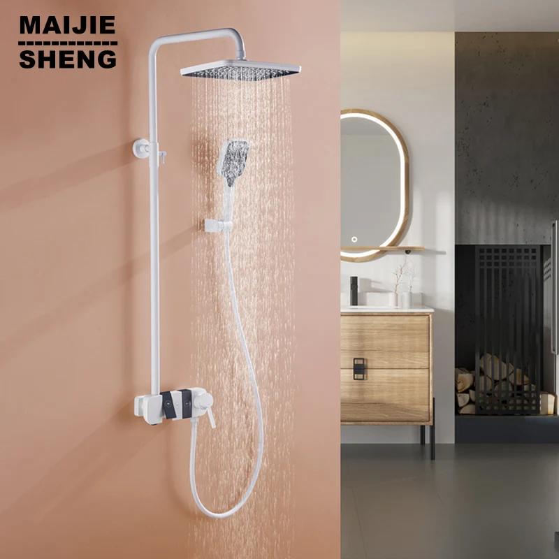 

White Piano Shower System Brass Bathroom Shower Faucets Hot Cold Waterfall Tap Rainfall Gray Piano Shower Mixers Taps Black