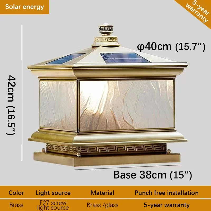 BRIGHTOutdoor Solar Post Lamp Vintage Creative Chinese Brass Pillar светильник светодиодный Waterproof IP65 для дома