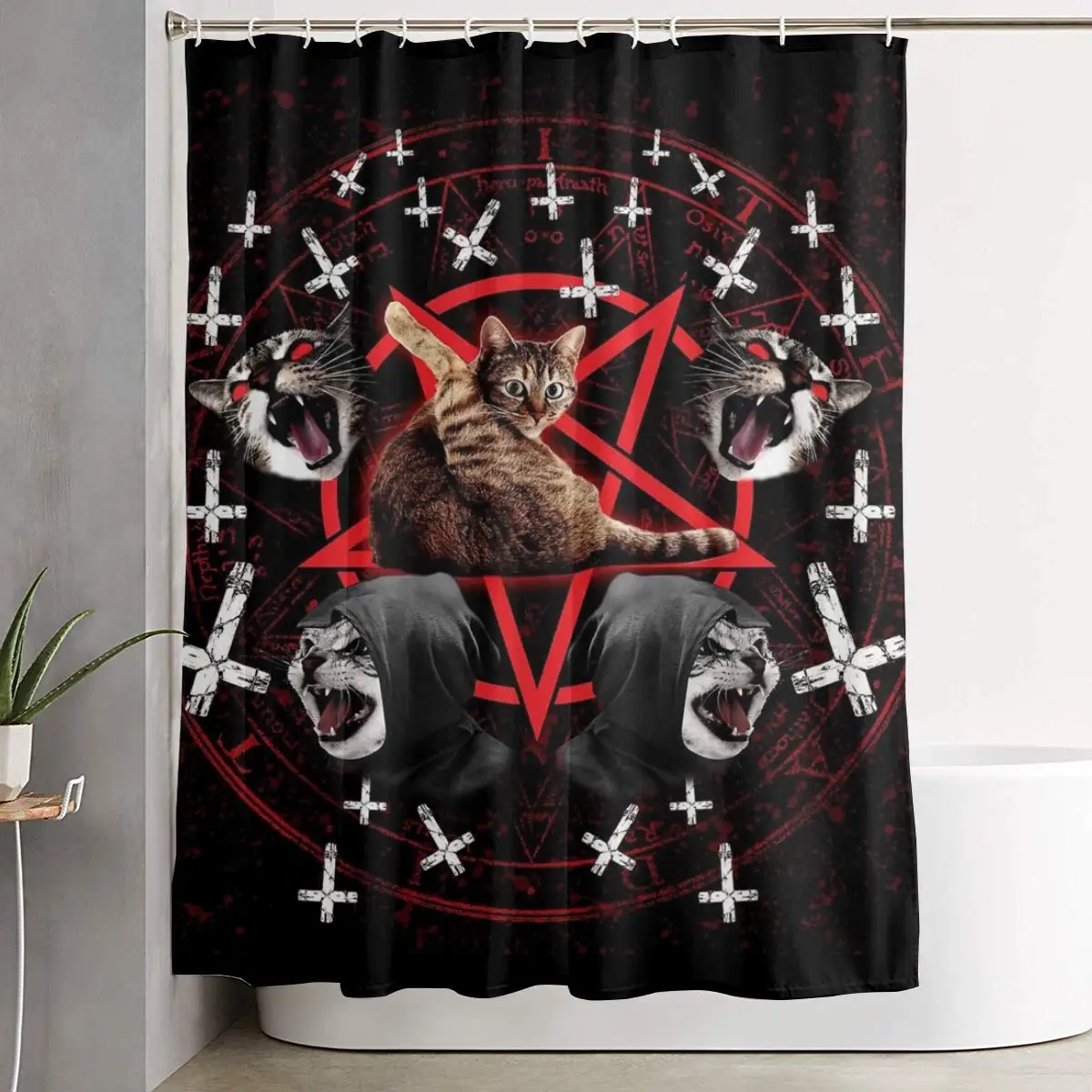 

Satanic Cat Pentagram Death Black Metal Shower Curtain Durable Bathroom Curtains with 12 Hooks