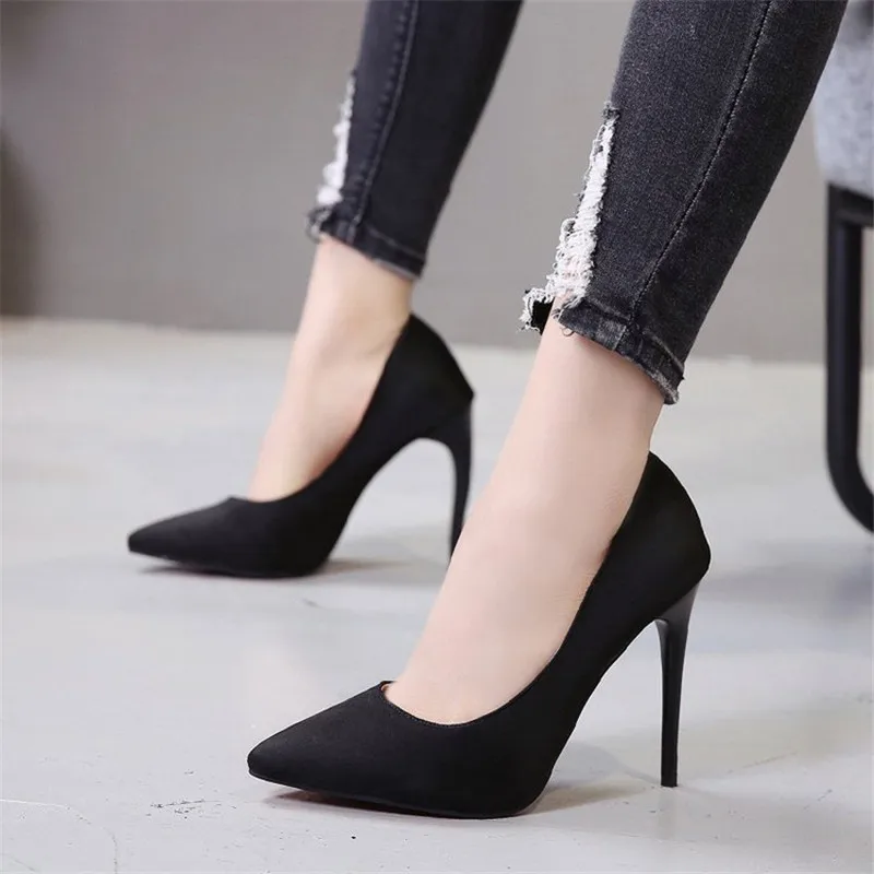 

Big Size 35-44 women's shoes 2022 concise flock high heels women pumps pointed toe classic red gray ladies wedding shoes office