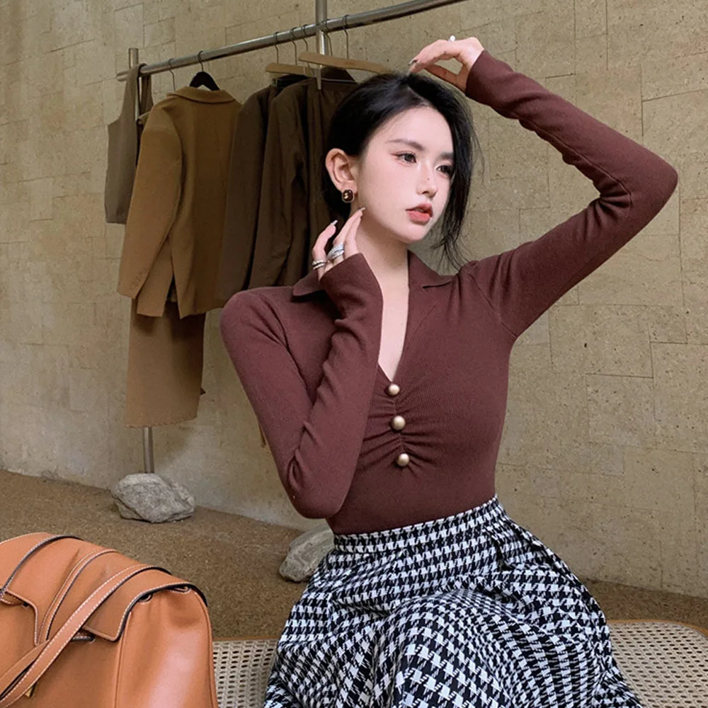 Женский трикотажный пуловер с V-образным вырезом длинным рукавом |