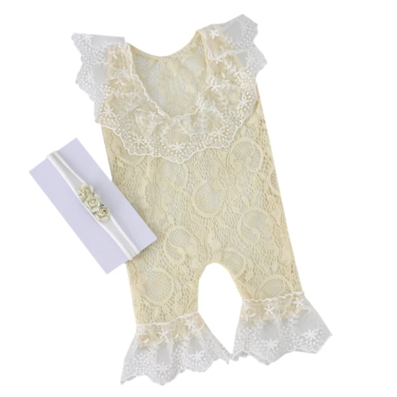 

Newborn Photography Prop Girl Outfits Baby Lace Romper Headwear set Photoshoot 40JC