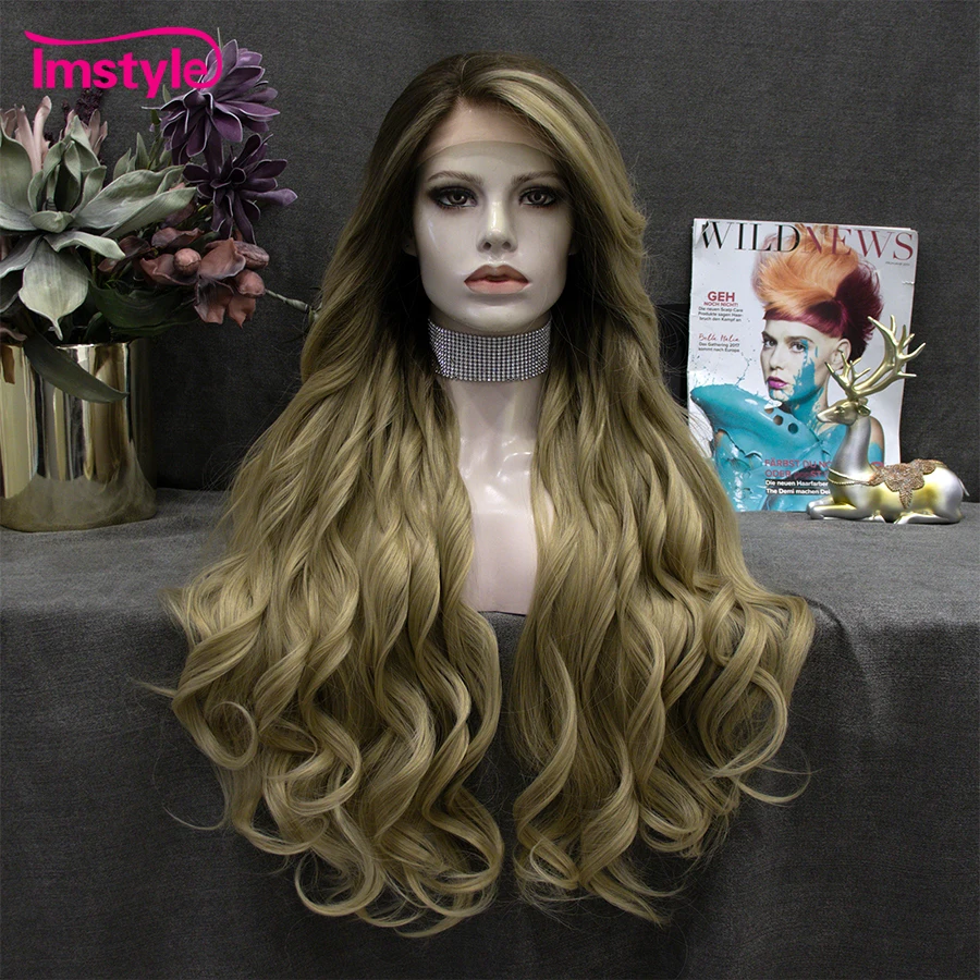 

Imstyle Brown Wig Long Synthetic Lace Front Wig Natural Wavy Wig Dark Root Daily Wigs For Women Heat Resistant Fiber 30 inches