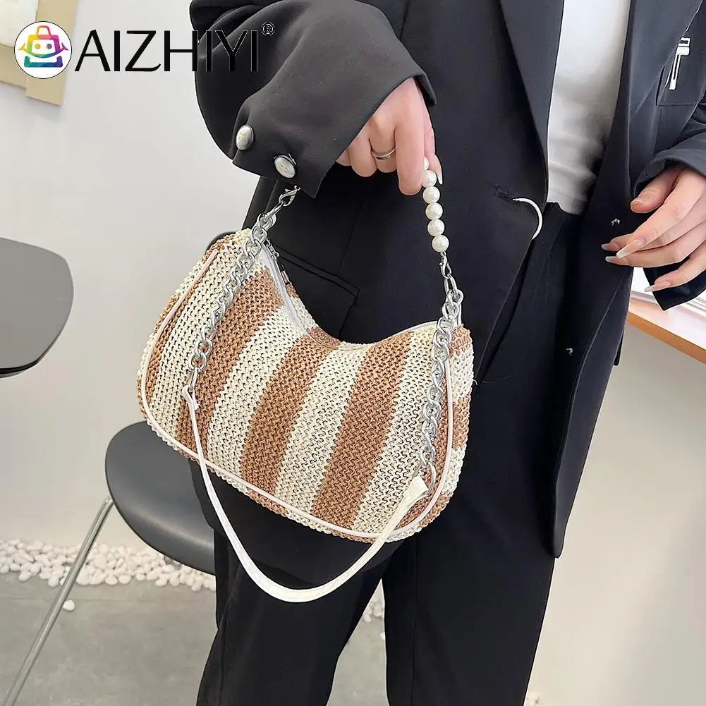 

Exquisite Handmade Woven Casual Women Handbag Summer Beach Straw Pearl Handle Shoulder Bag Lady Large Capacity Simple Tote Purse