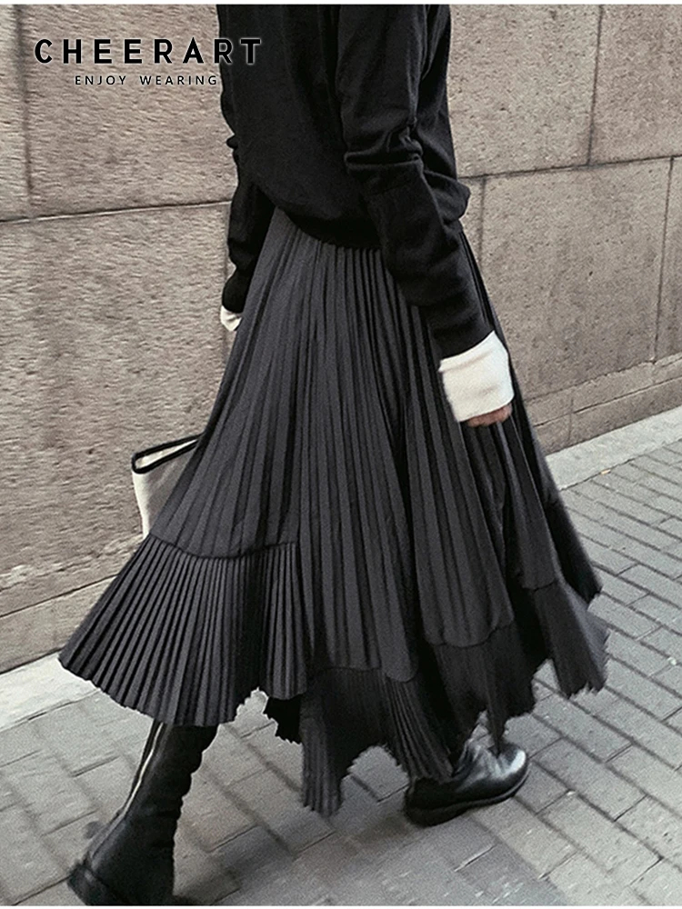 CHEERART Grey Black Long Pleated Skirt Women High Waist Irregular Skirt Swing Frill Autumn Midi Skirt Gothic