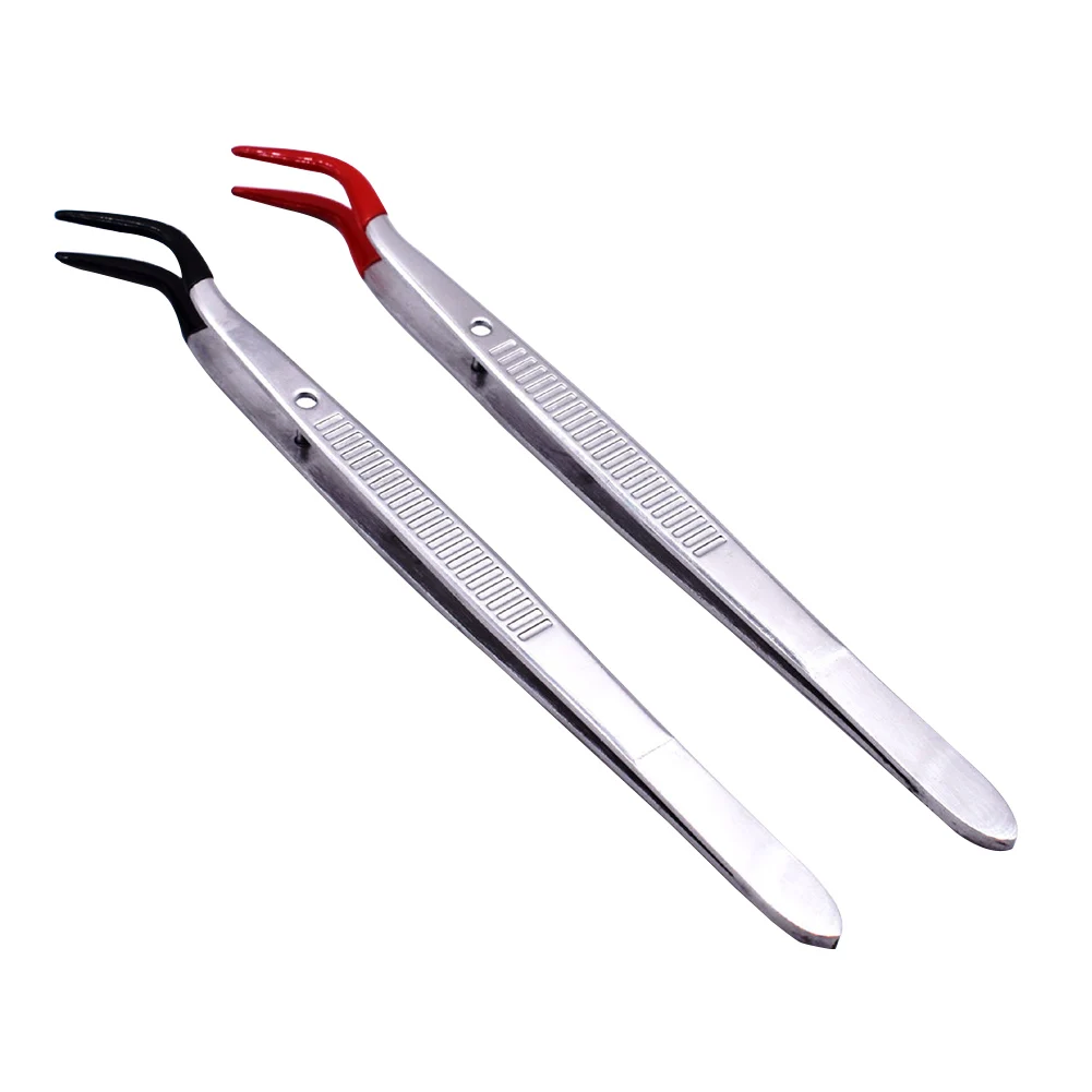 

2pcs Long Non Marring Curved Bent Lab Hobby Crafts Home Stainless Steel Tweezer Jewelry Making Tool With Rubber Tips 15cm