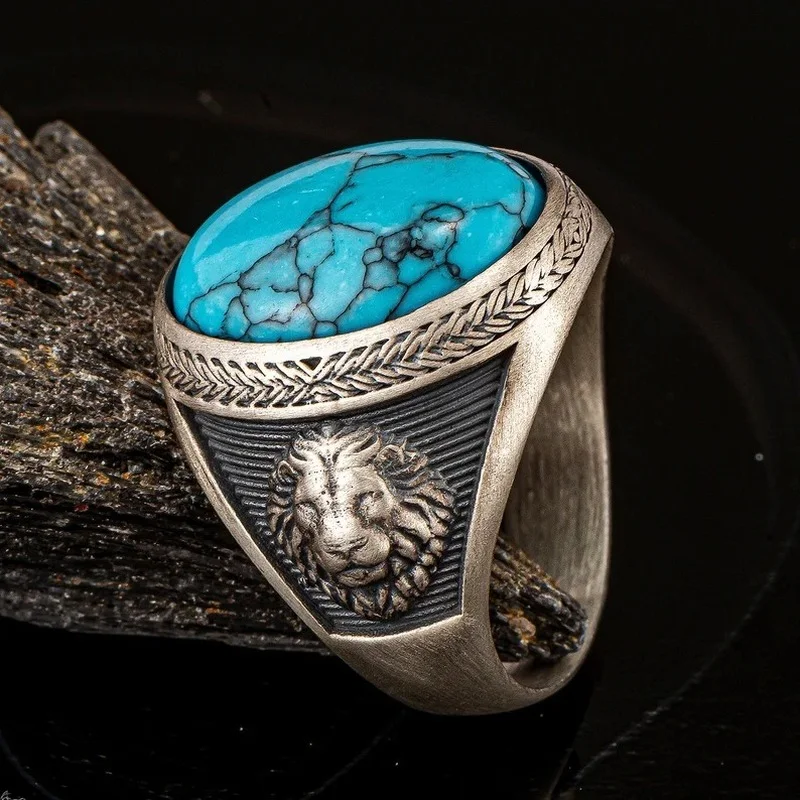 

European and American fashion retro men's imitation Turquoise Ring Bohemian style ancient silver carved alloy jewelry