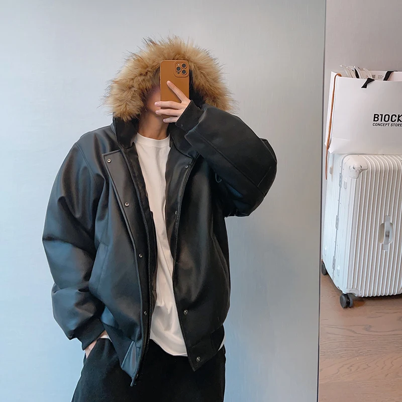 Утепленная хлопковая куртка из искусственной кожи мужская со съемным меховым