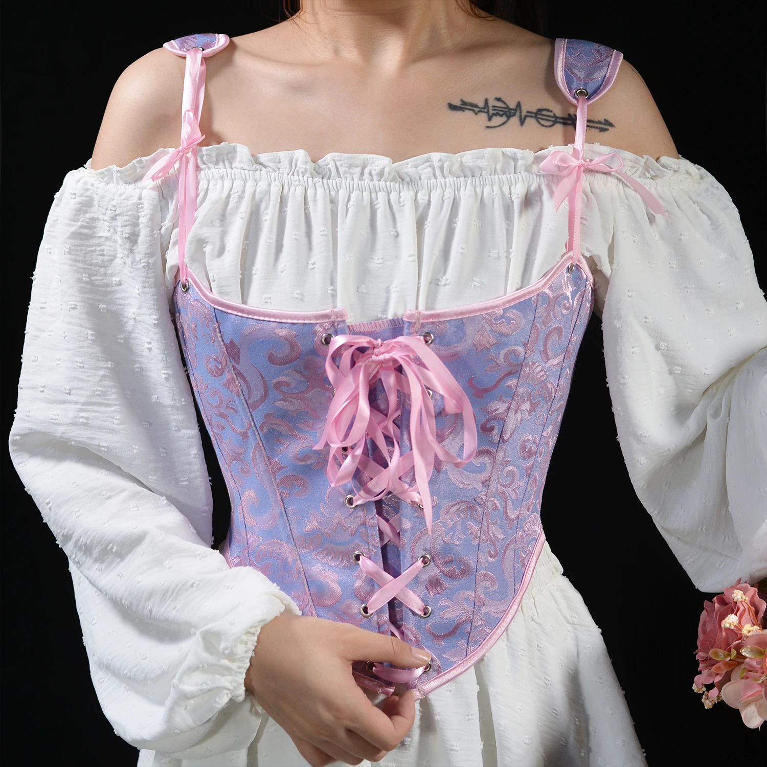 

Retro Jacquard Pink Blue Bodice Fabric Crop Cami Fishboned Corset for dress