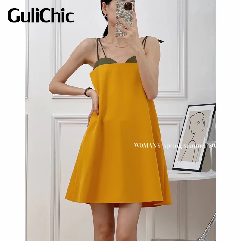 

6.22 GuliChic Women Fashion Leather Contrast Color Patchwork Back Zipper Solid Color Suspender Dress
