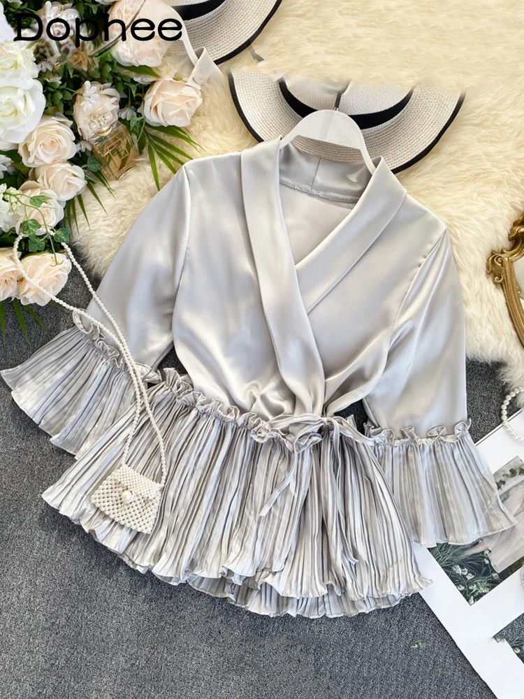 

Chic Korean Style Women's Shirt V-neck Flared Sleeve Lace Up Slim Fit Pleated Ruffle One Piece Blouse Famale Yello