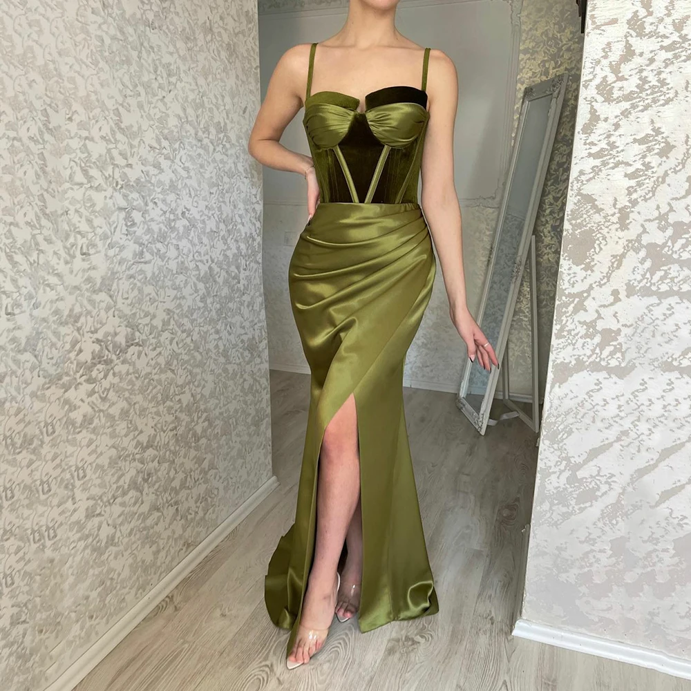 

UZN Chic Satin Mermaid Prom Dress Elegant Sweetheart Spaghetti Straps Evening Dress Robe De Bal Sexy High Slit Dubai Prom Gowns