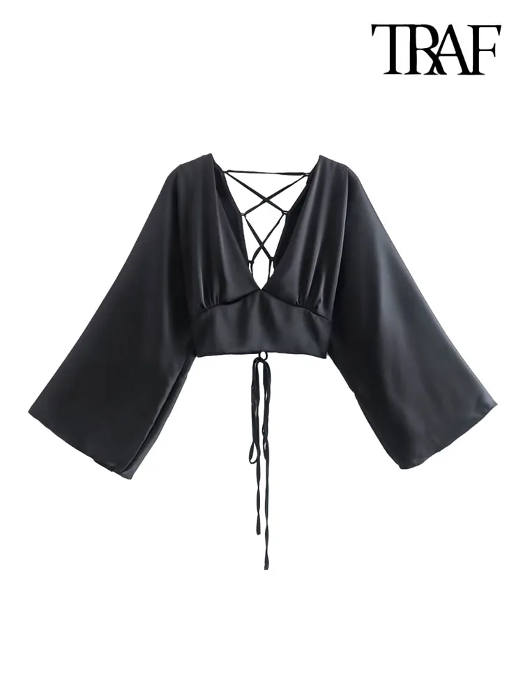 

TRAF Women Fashion With Tied Satin Cropped Blouses Vintage Wide Long Sleeves Back Cross Straps Female Shirts Chic Tops