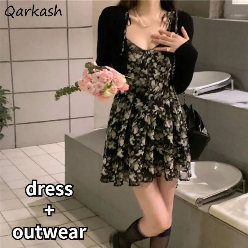 

Women Mini Floral Dress Sets Two Piece Hotsweet Designer Gentle Office Ladies Elegant Slim Aesthetic Temper Sunscreen Outwear