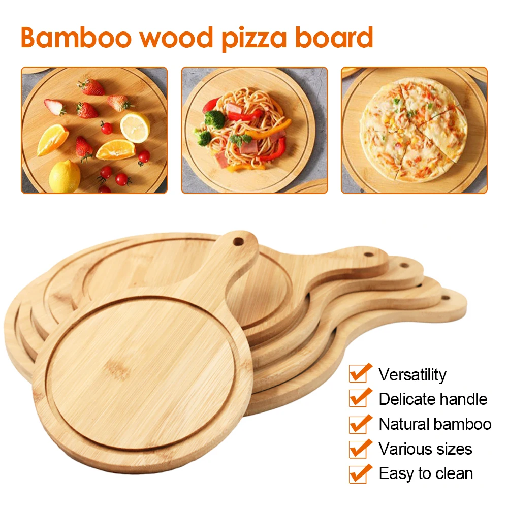 

Wooden Pizza Board Round with Handle Food Baking Tray Western Pizza Fruit Bread Cutting Board Platter Cake Bakeware Tools