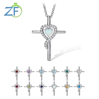 gz zongfa pure 925 sterling silver heart cross pendant for women created opal gems 12 color birthstone necklace fine jewelry