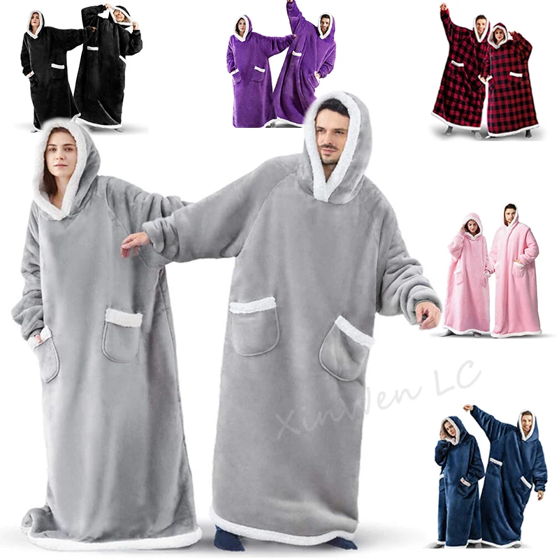 

2023 Super Long Flannel Blanket with Sleeves Winter Hoodies Sweatshirt Women Men Giant TV Blanket Oversized New Pullover Fleece