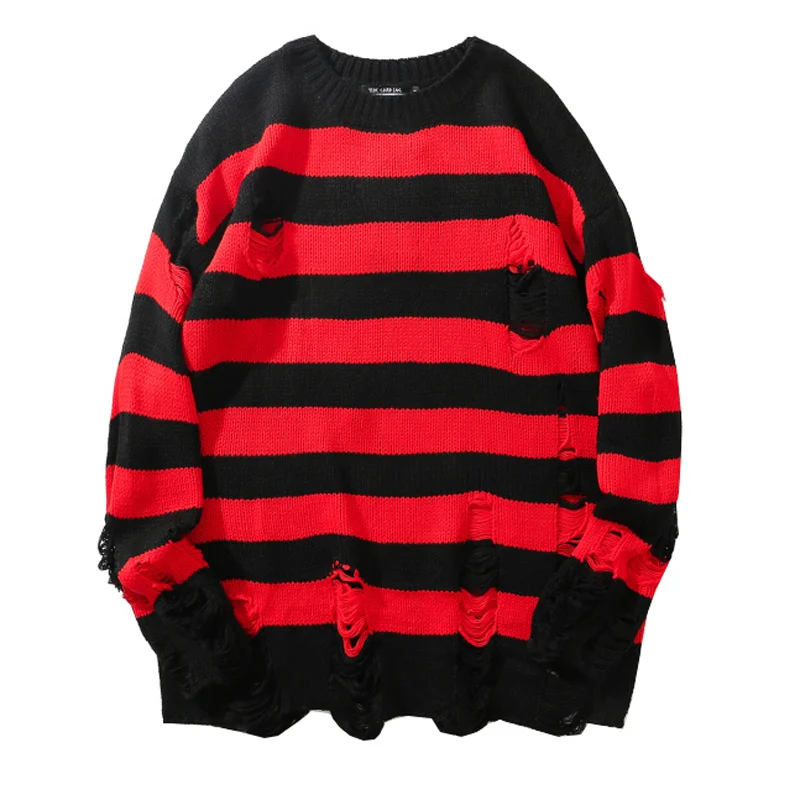 

Splicing Sweater Women Unisex Knitted Pullovers Hole Broken Ladies Striped Loose Tops Basic Harajuku Fashion Elegant Vintage