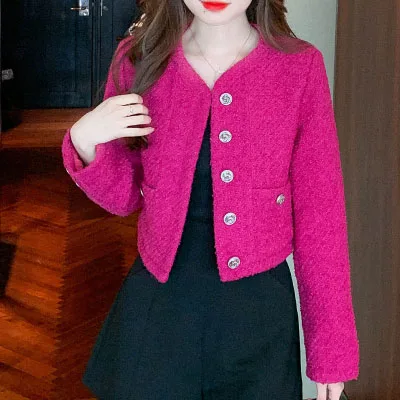 

Женская короткая куртка из твида, элегантная маленькая куртка в Корейском стиле, модная однобортная куртка из смешанной шерсти для осени и ...