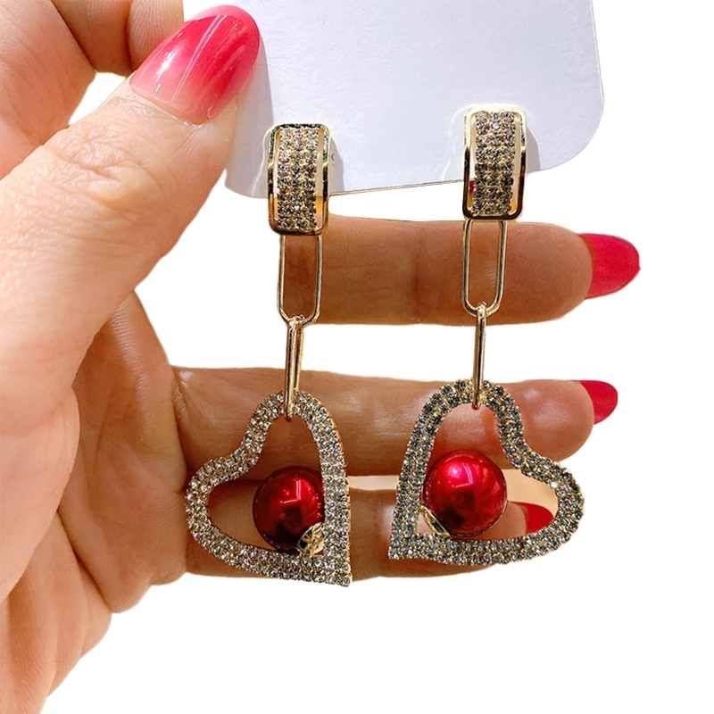

Red Pearl Heart Hoop Dangle Earrings Love Heart Earrings Bohemian Sparkly Jewelry Hoop Earring for Women Girl Teen