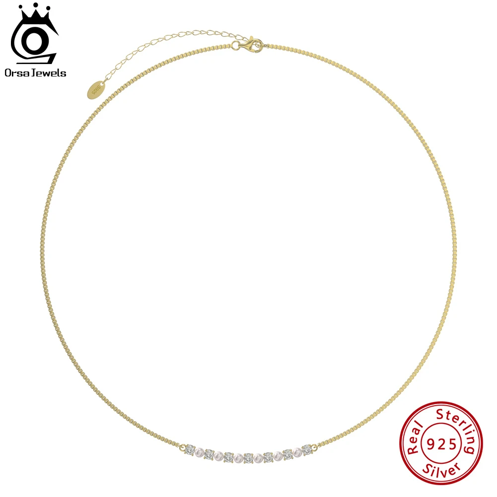 

ORSA JEWELS 925 Sterling Silver Box Chain Pearl Choker Necklace Simple Natural Pearl Link Necklace for Women Jewelry GPN39