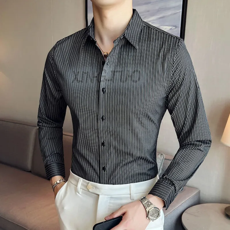

Повседневная полосатая рубашка с буквенным принтом, рубашка, платье Camisa Masculina, итальянская, 2022, британский стиль, мужская рубашка в полоску с...